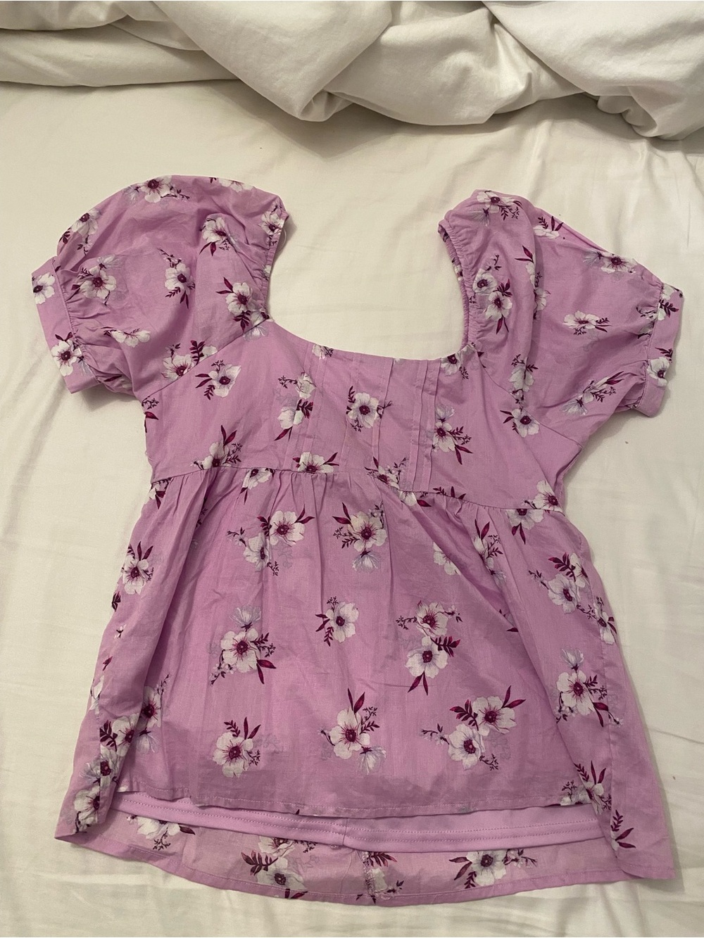 miami Lavender Floral Puff-Sleeve Square-Neck Blouse